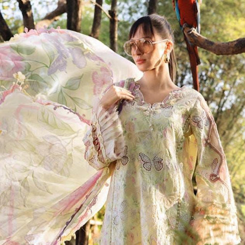 Luxury Lawn 3-Piece | Chikankari Emb Butterfly Print | Soft Yellow Floral Collection