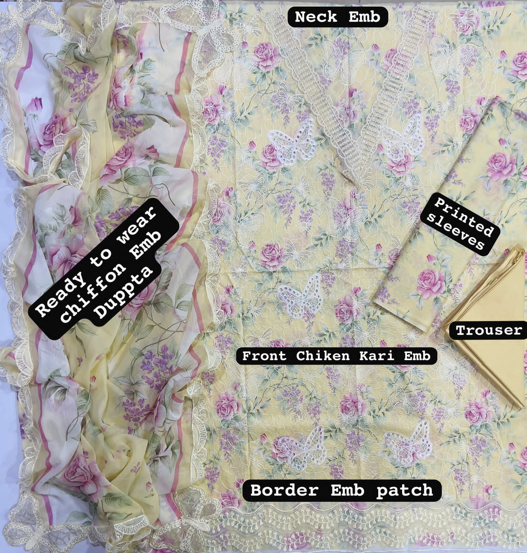 Luxury Lawn 3-Piece | Chikankari Emb Butterfly Print | Soft Yellow Floral Collection