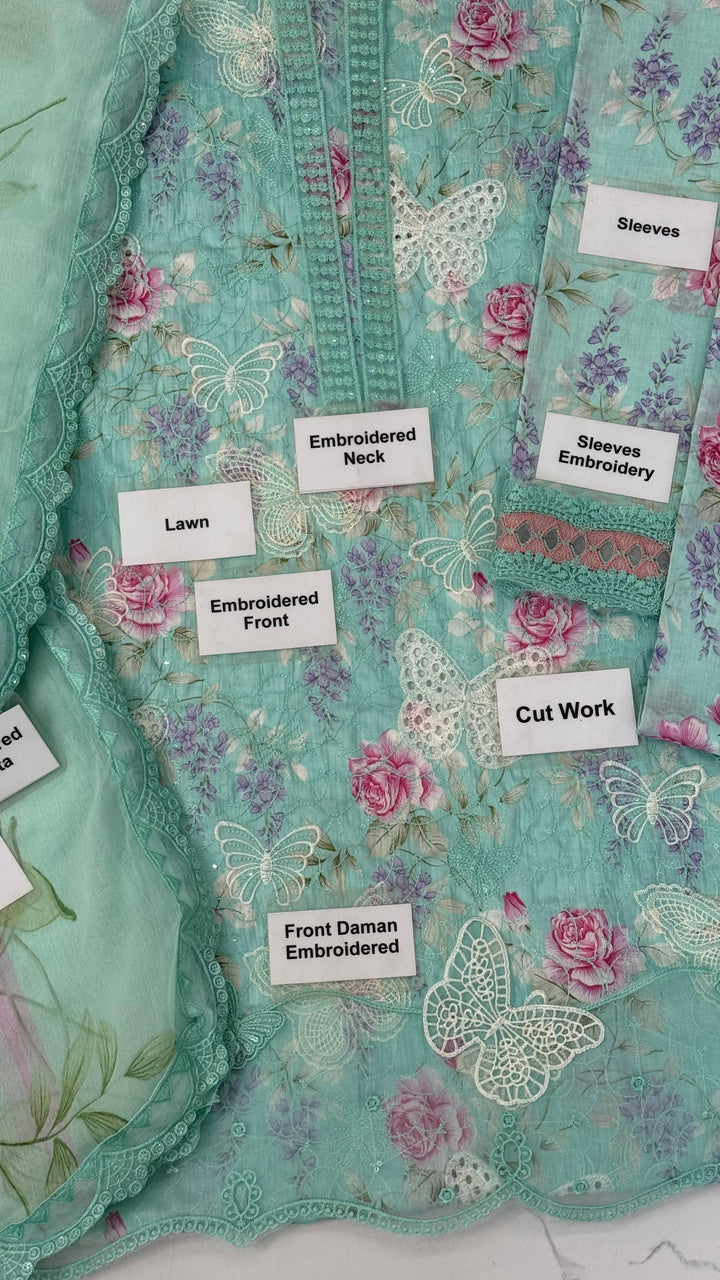 MARIA.B M.Prints "Minty Butterfly Dreams" – Embroidered 3-Piece Lawn Suit