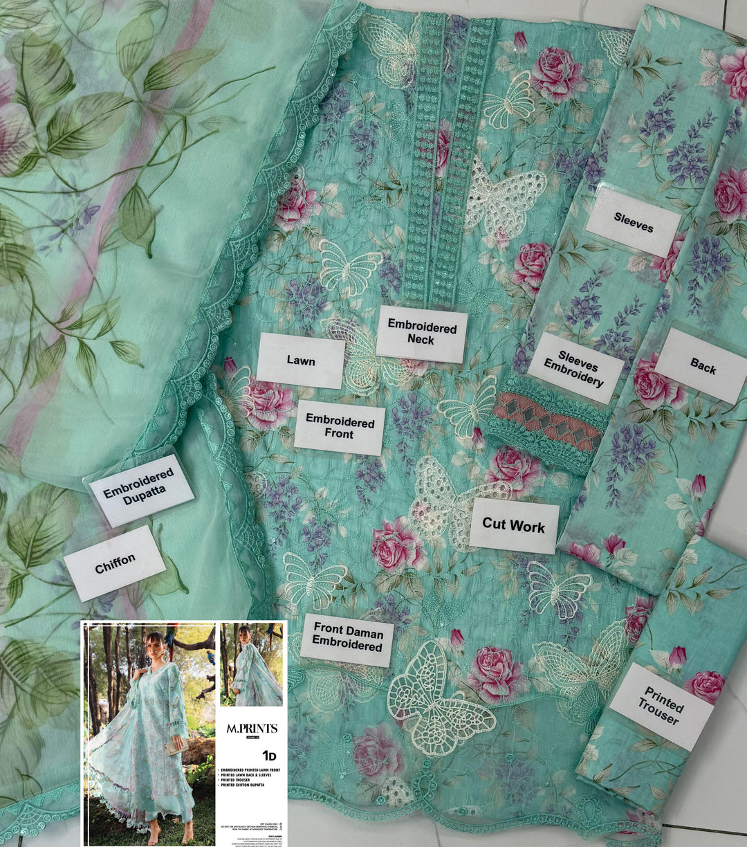 MARIA.B M.Prints "Minty Butterfly Dreams" – Embroidered 3-Piece Lawn Suit