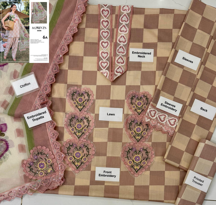 Maria.B M.Prints Checkered Lawn 3-Piece Suit with Heart Embroidery Patches & Embroidered Dupatta