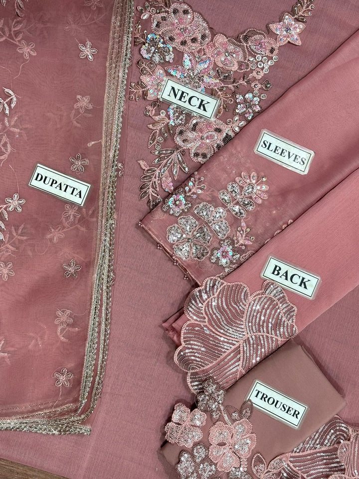 IZNIK Luxury Chiffon Embroidered Unstitched Suit with Organza Dupatta & Malai Trouser – Dusty Mauve | Women's Formal Wear