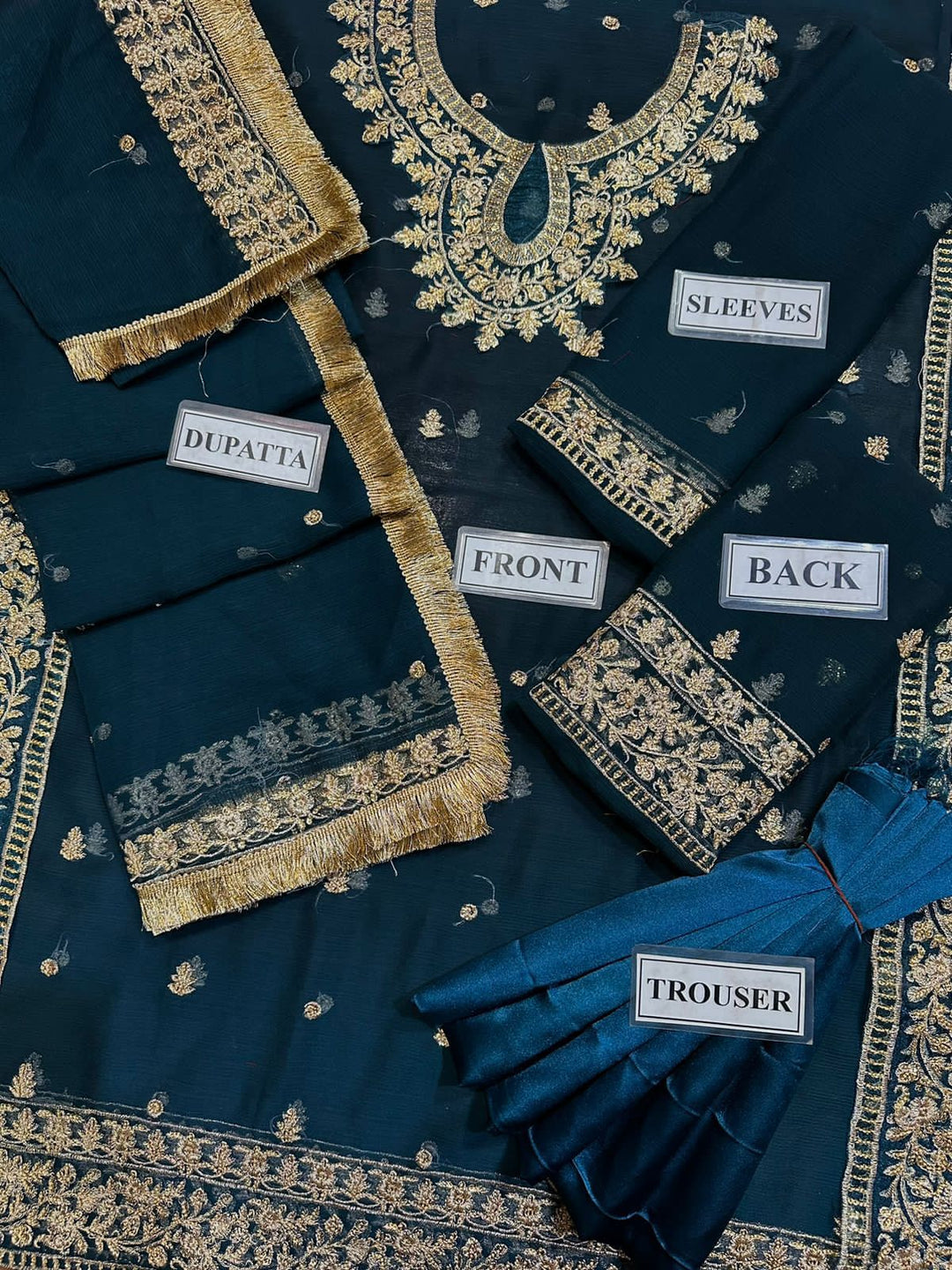 ASIM JOFA Luxury Embroidered Chiffon Unstitched Suit with Malai Trouser – Deep Teal | Women's Formal Wear