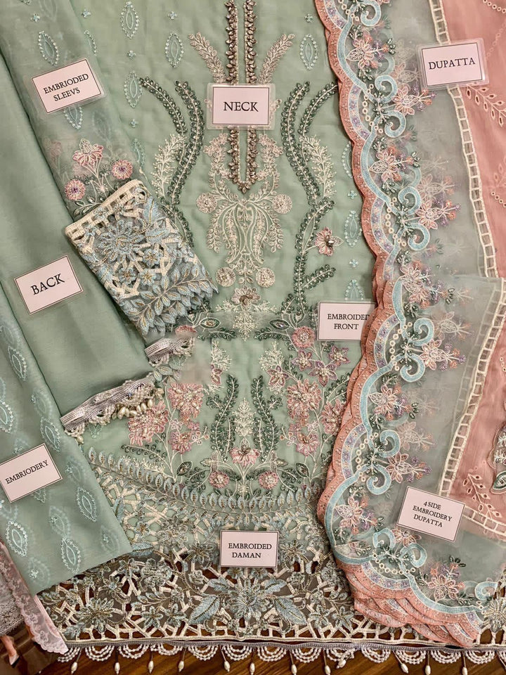 MARIA B COUTURE COLLECTION Unstitched Chiffon Embroidered Suit with Chiffon Dupatta & Satin Trouser – Luxury Women's Party Wear | Replica