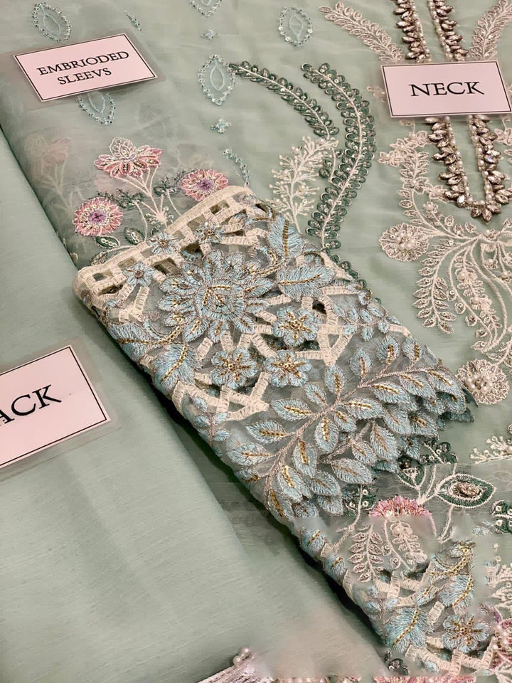 MARIA B COUTURE COLLECTION Unstitched Chiffon Embroidered Suit with Chiffon Dupatta & Satin Trouser – Luxury Women's Party Wear | Replica
