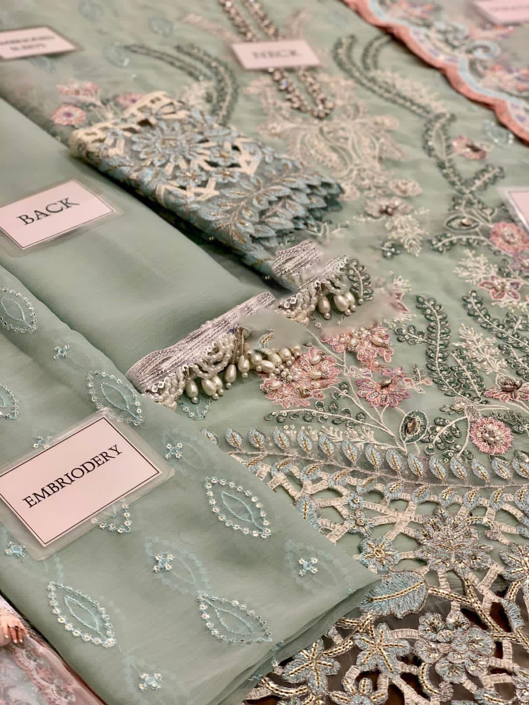 MARIA B COUTURE COLLECTION Unstitched Chiffon Embroidered Suit with Chiffon Dupatta & Satin Trouser – Luxury Women's Party Wear | Replica