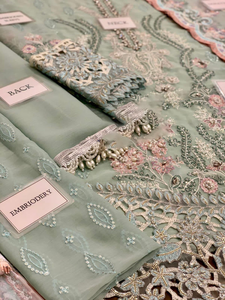 MARIA B COUTURE COLLECTION Unstitched Chiffon Embroidered Suit with Chiffon Dupatta & Satin Trouser – Luxury Women's Party Wear | Replica