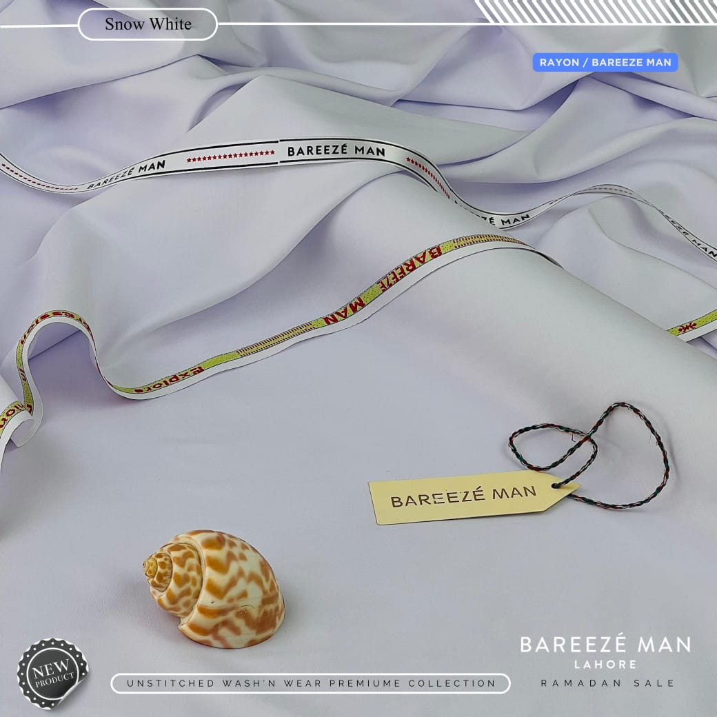 Bareeze Man Snow White Rayon Fabric ❄️ | Premium Wash & Wear Unstitched Suit