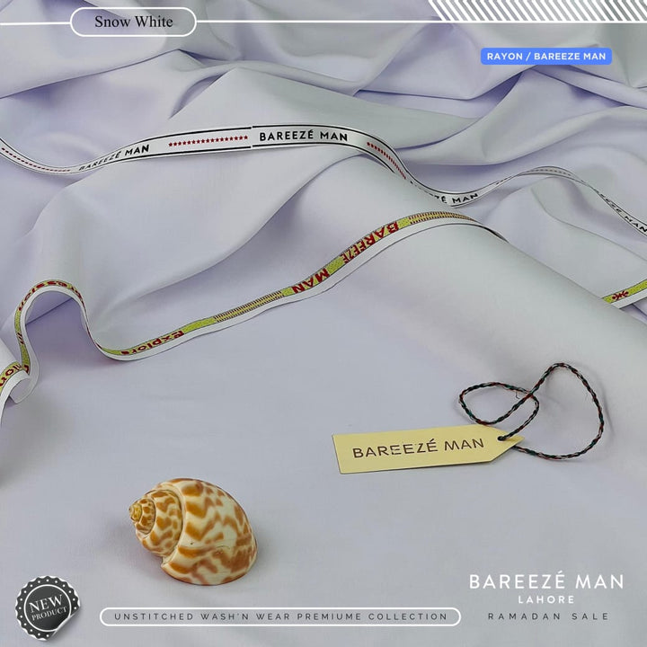 Bareeze Man Snow White Rayon Fabric ❄️ | Premium Wash & Wear Unstitched Suit