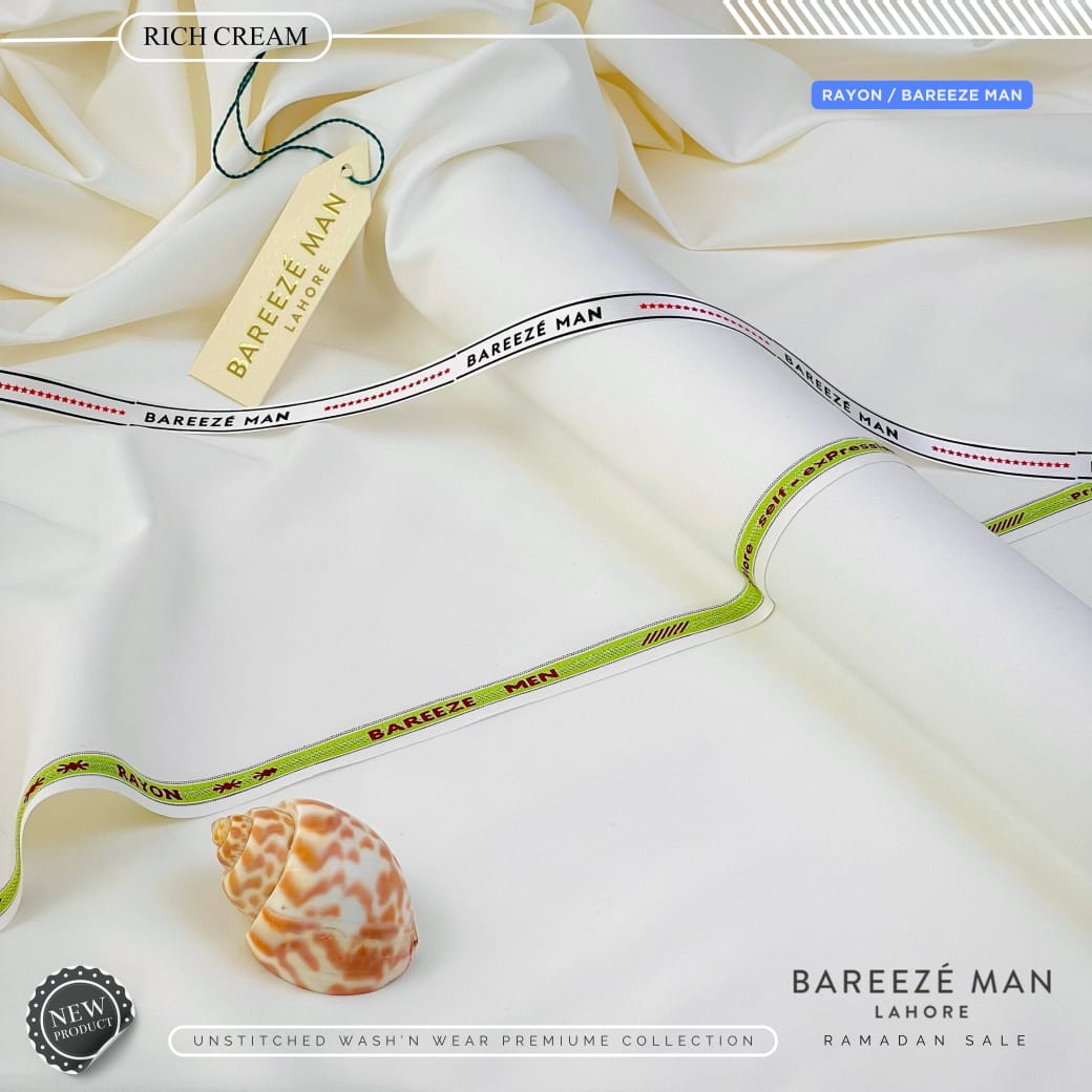 Bareeze Man Rich Cream Rayon Fabric 🤍 | Premium Wash & Wear Unstitched Suit