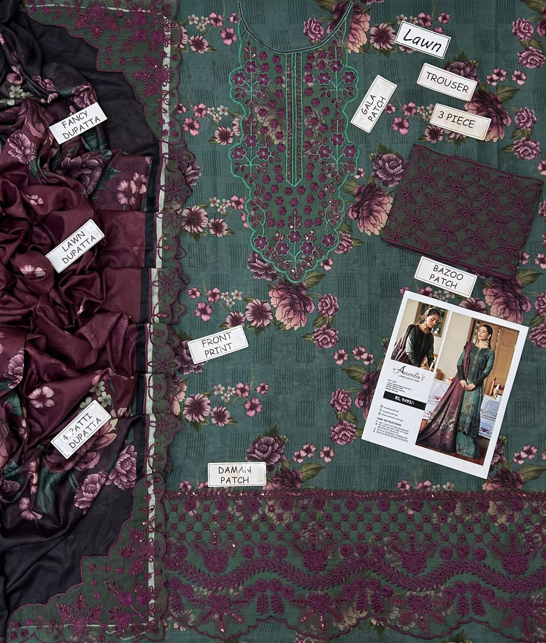 Aneela's Lawn Collection – 3 Piece Embroidered Lawn Suit with Fancy Dupatta