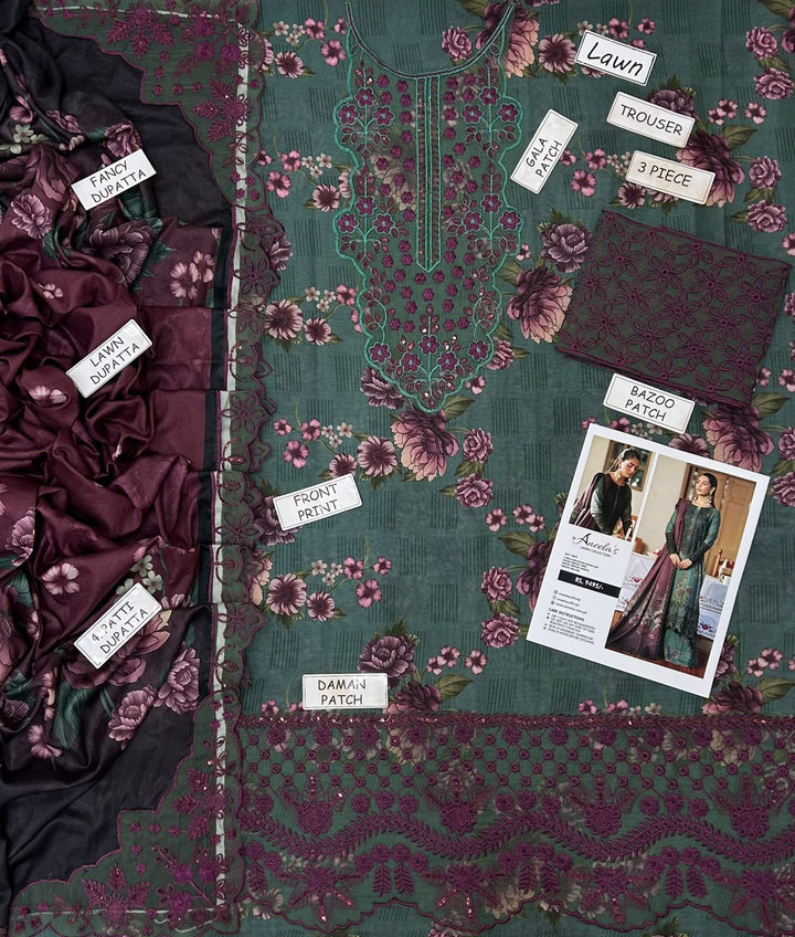Aneela's Lawn Collection – 3 Piece Embroidered Lawn Suit with Fancy Dupatta