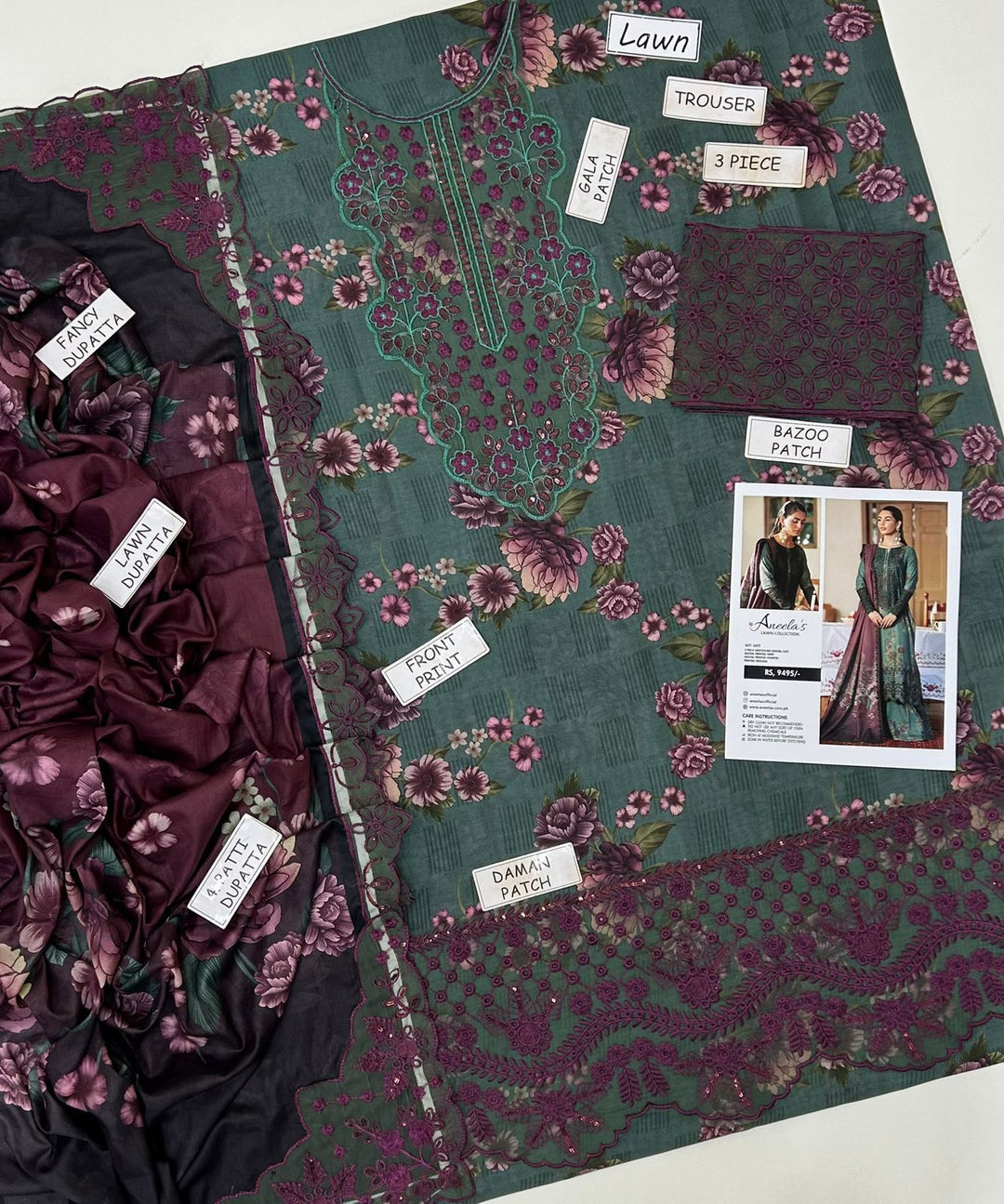 Aneela's Lawn Collection – 3 Piece Embroidered Lawn Suit with Fancy Dupatta