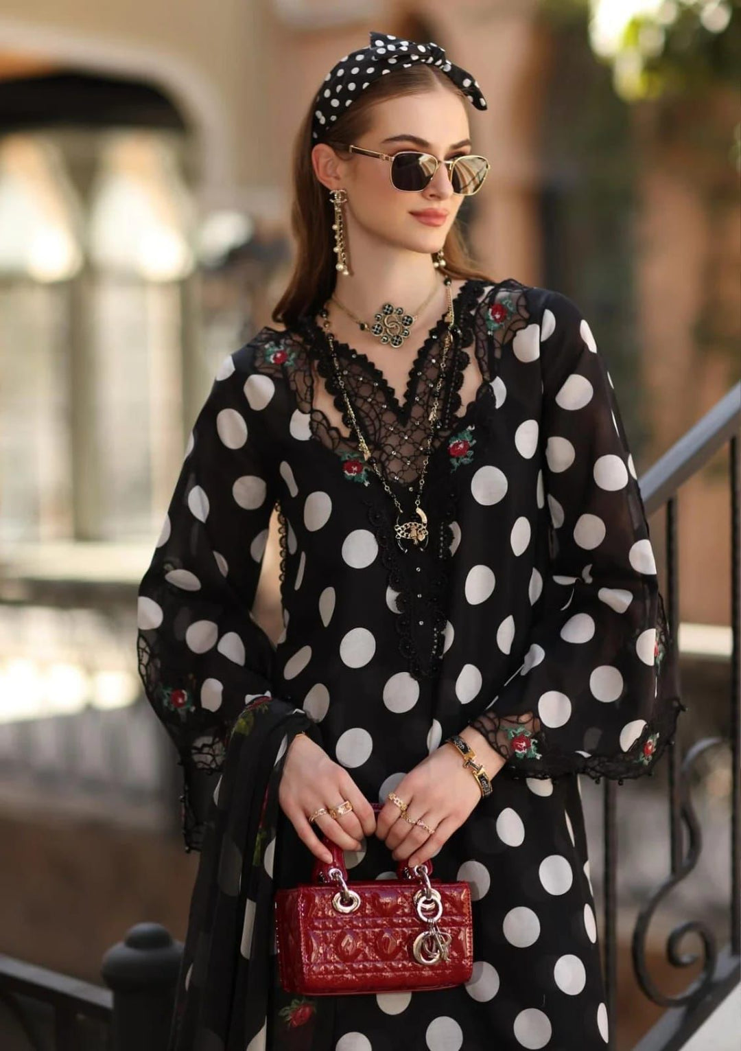 Noor by Sadia Asad Lawn Suit | Beige & Black Polka Dot Print | Shafoon Dupatta