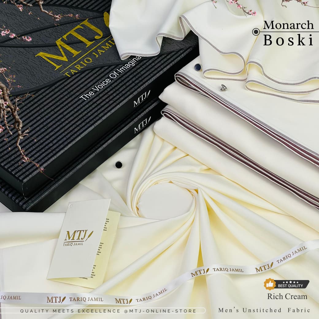 MTJ by Tariq Jamil | Monarch Boski Collection | Off-White Unstitched Men's Suit | Premium Gift Box