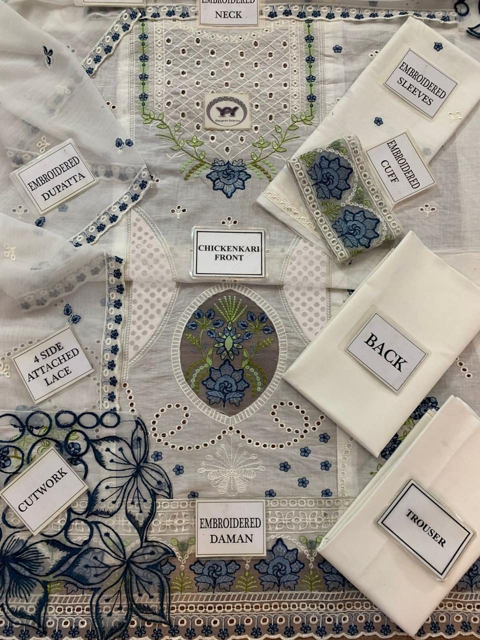 MAHNUR | Pearl Bloom – Ivory Embroidered Lawn 3-Piece Suit with Blue Floral Threadwork & Cutwork Details