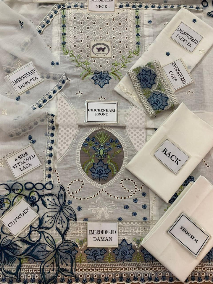 MAHNUR | Pearl Bloom – Ivory Embroidered Lawn 3-Piece Suit with Blue Floral Threadwork & Cutwork Details