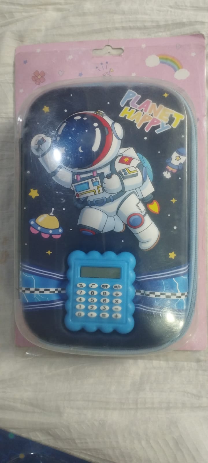 Planet Happy Astronaut Space Pencil Case with Calculator — Hard Shell EVA Zipper Pouch | Cool School Stationery for Boys