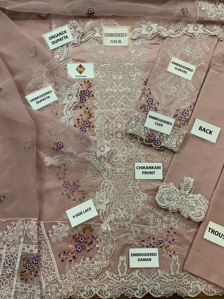 ELAF Luxury Embroidered Unstitched 3 Piece Cotton Suit with Embroidered chiffon Dupatta – Dusty Mauve | Designer Replica