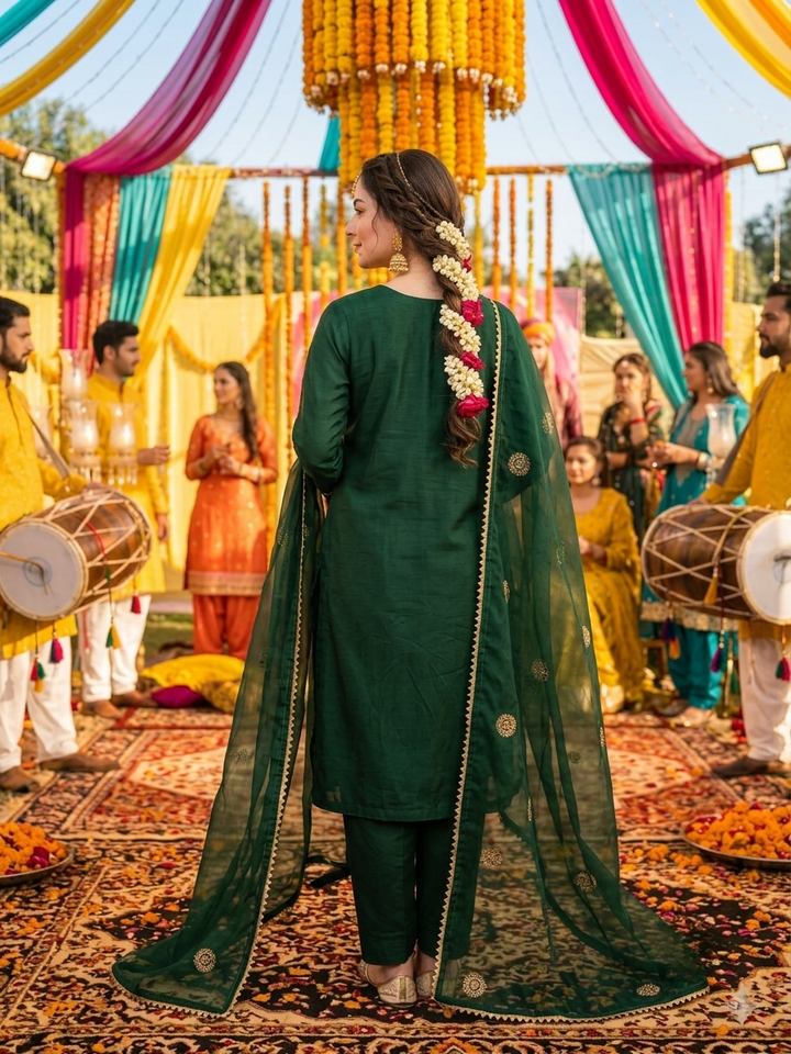 ANAYA-B Unstitched Emerald Green Cotton Silk Embroidered Suit with Organza Dupatta