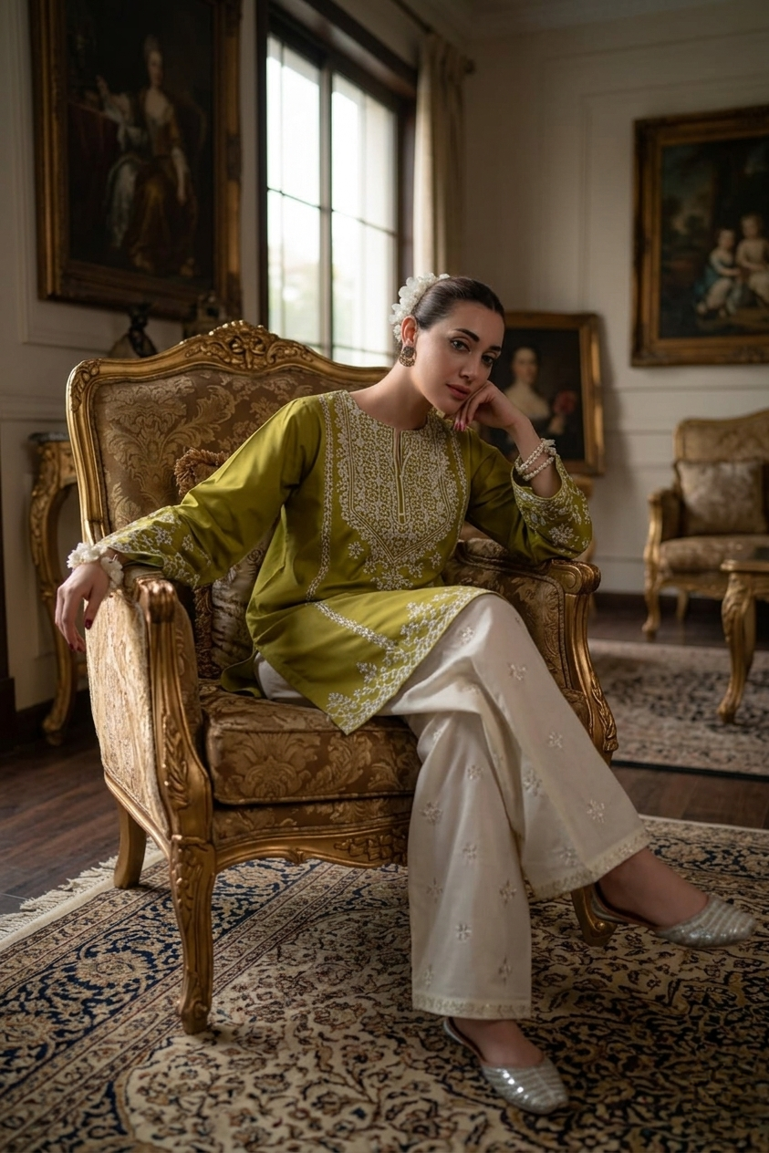 Mushq Inspired 2 Piece Embroidered Lawn Suit – Olive Green & Off White