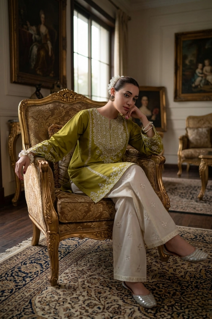 Mushq Inspired 2 Piece Embroidered Lawn Suit – Olive Green & Off White