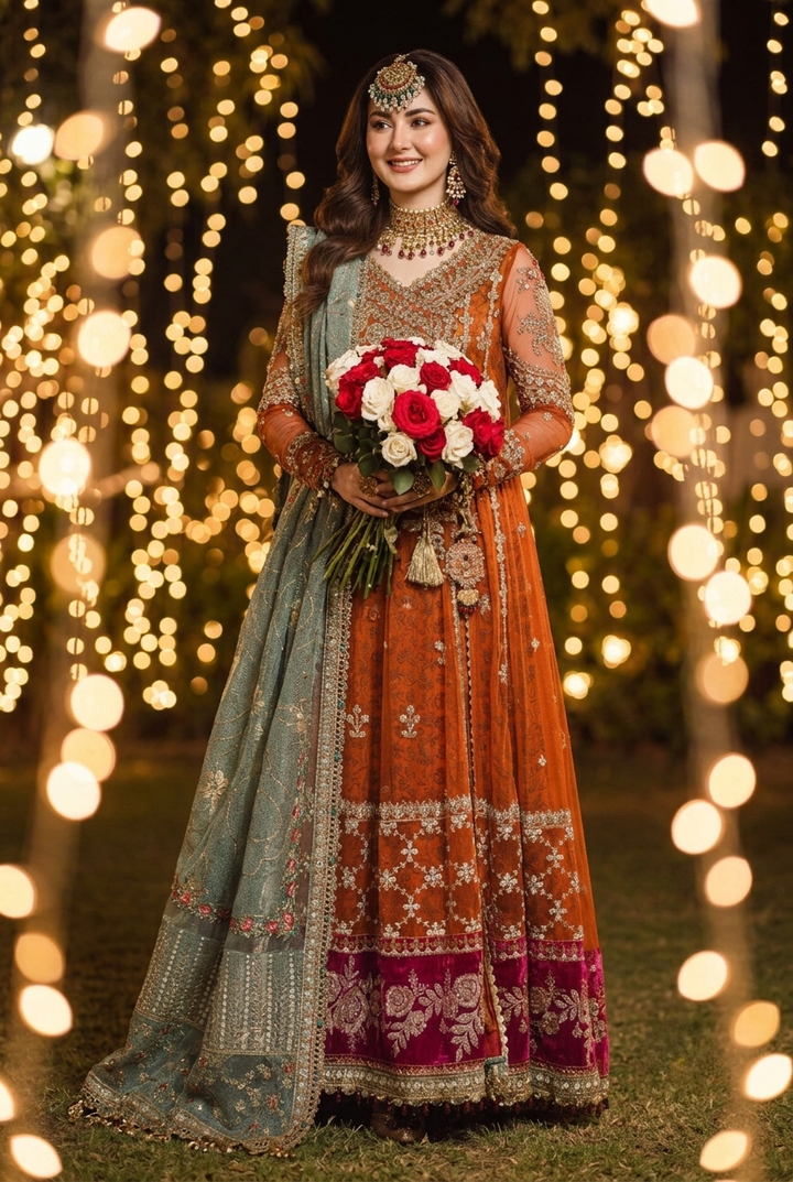 Maria.B Inspired Rust Orange Heavy Embroidered 3-Piece Unstitched Bridal Suit | Teal Dupatta | Magenta Velvet Border | Wedding Collection