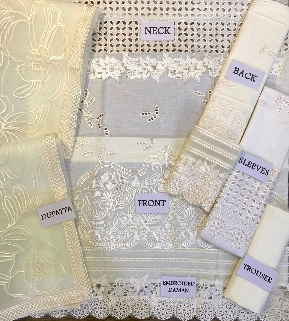 MUSHQ | Ivory Grace – Embroidered Cutwork Lawn 3-Piece Suit with Floral Organza Dupatta