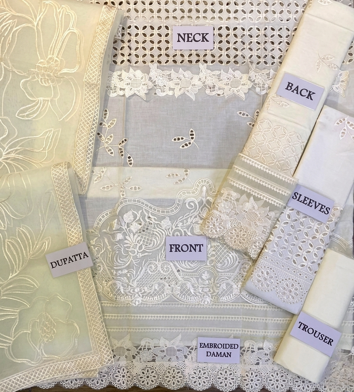 MUSHQ | Ivory Grace – Embroidered Cutwork Lawn 3-Piece Suit with Floral Organza Dupatta
