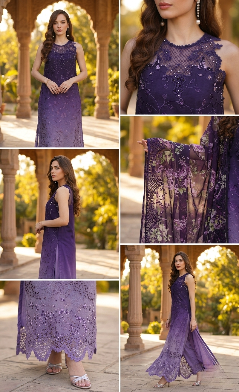 Noor By Saadia Lawn Collection 💜"Purple Reverie" – Embroidered Ombré 3-Piece Lawn Suit