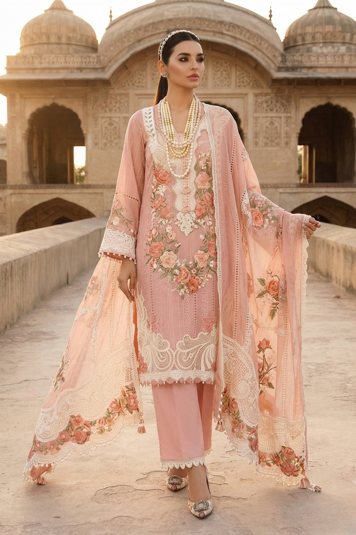 Crimson — Luxury Embroidered 3-Piece Suit | Blush Pink Floral Embroidery with Crochet Lace Dupatta