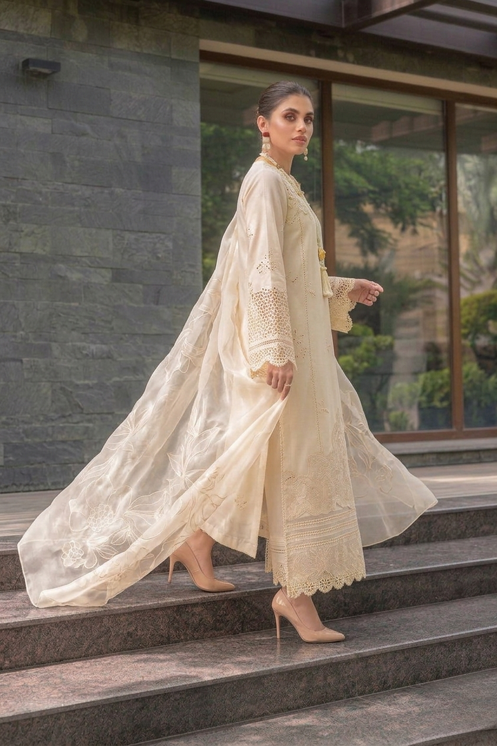 MUSHQ | Ivory Grace – Embroidered Cutwork Lawn 3-Piece Suit with Floral Organza Dupatta
