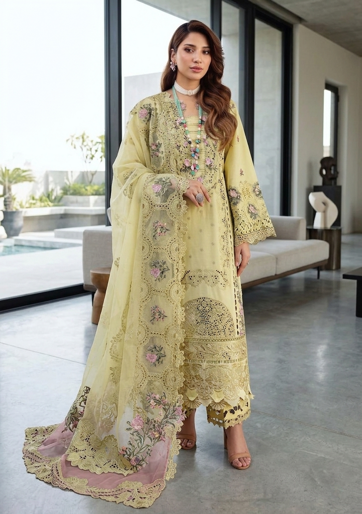 ELAF Luxury Chikankari Embroidered Lawn Suit with Organza Dupatta – Unstitched Replica