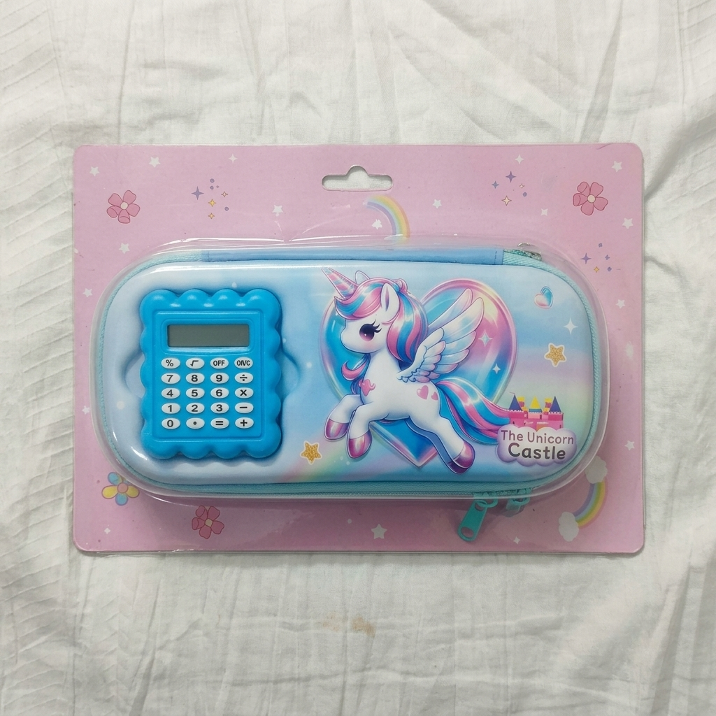 The Unicorn Castle Pencil Case with Calculator — Hard Shell EVA Zipper Pouch | Kawaii School Stationery for Girls