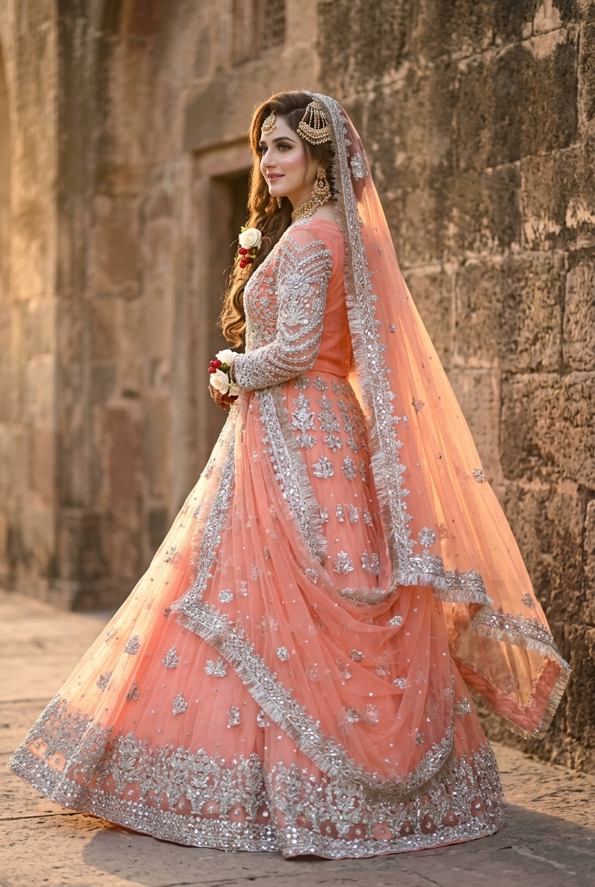 Kashee's Inspired Peach Heavy Embroidered 3-Piece Unstitched Bridal Suit | Silver Zardozi Net Fabric | Wedding Collection