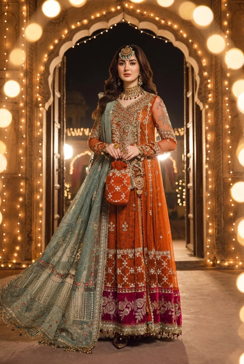 Maria.B Inspired Rust Orange Heavy Embroidered 3-Piece Unstitched Bridal Suit | Teal Dupatta | Magenta Velvet Border | Wedding Collection