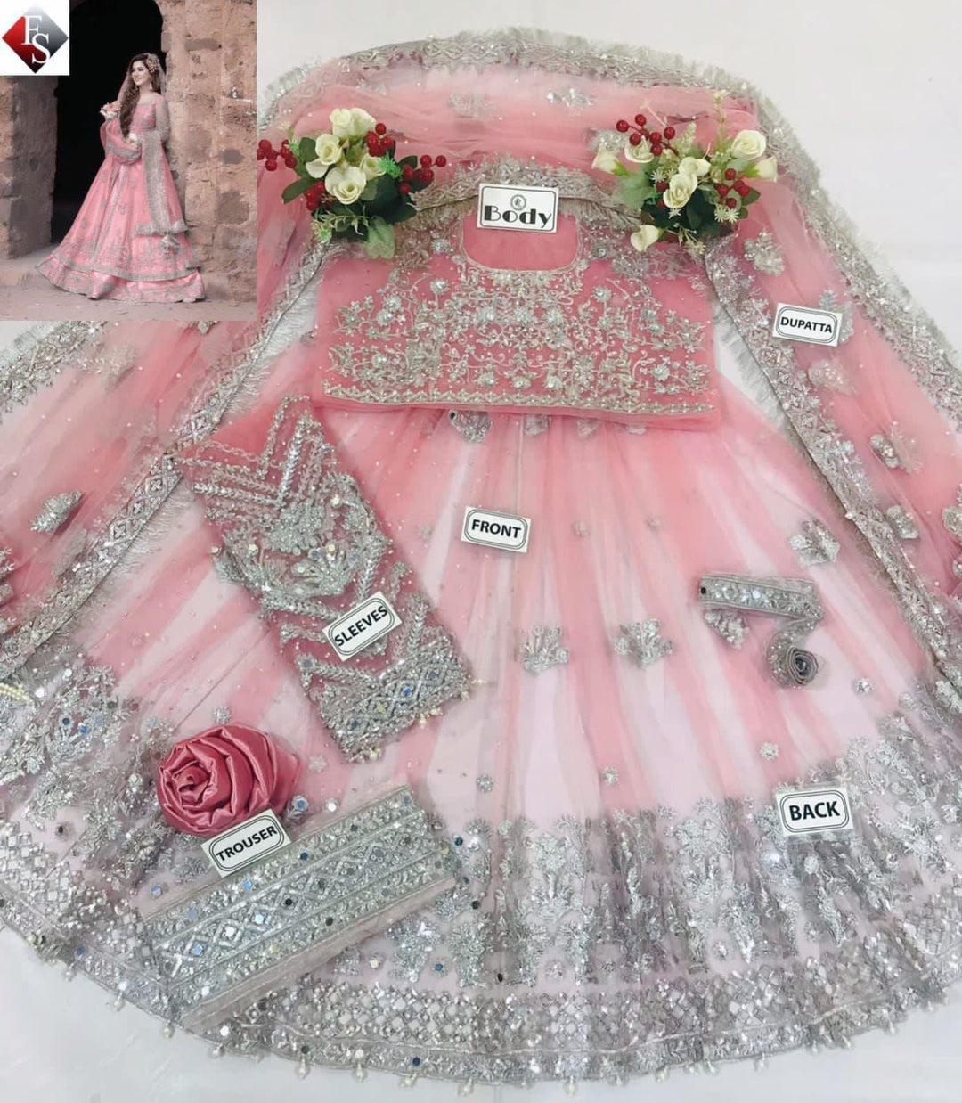 Kashee's Inspired Rose Pink Heavy Embroidered 3-Piece Unstitched Bridal Suit | Silver Zardozi Net Fabric | Wedding Collection