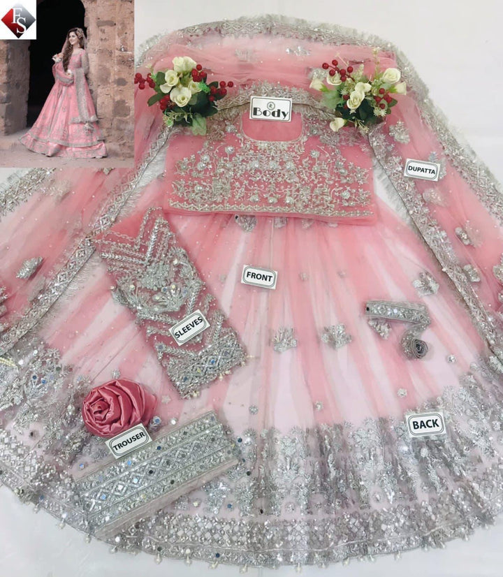 Kashee's Inspired Rose Pink Heavy Embroidered 3-Piece Unstitched Bridal Suit | Silver Zardozi Net Fabric | Wedding Collection