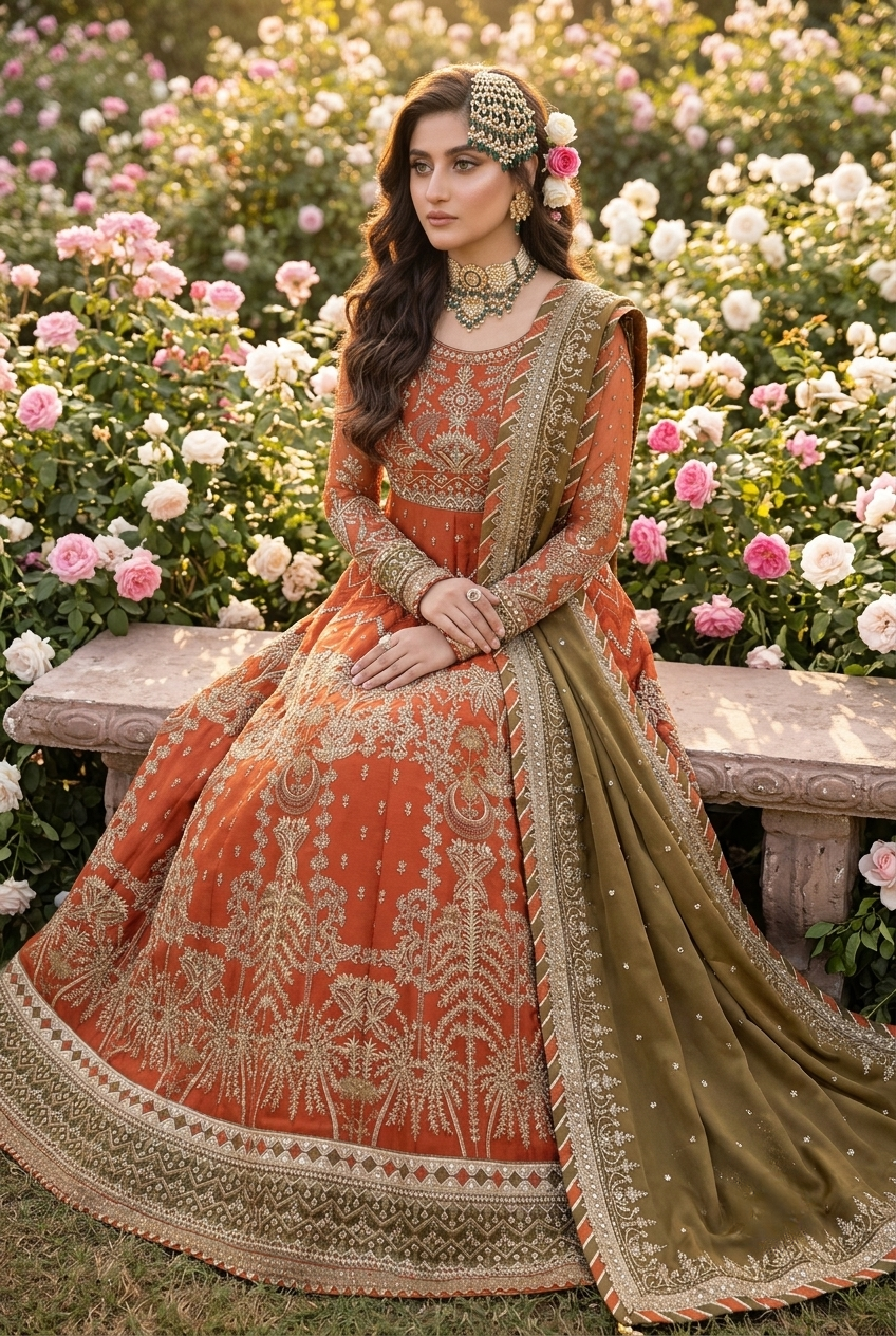 Asim Jofa Inspired Rust Orange Heavy Embroidered 3-Piece Unstitched Bridal Suit | Olive Green Dupatta | Antique Gold Zardozi | Wedding Collection