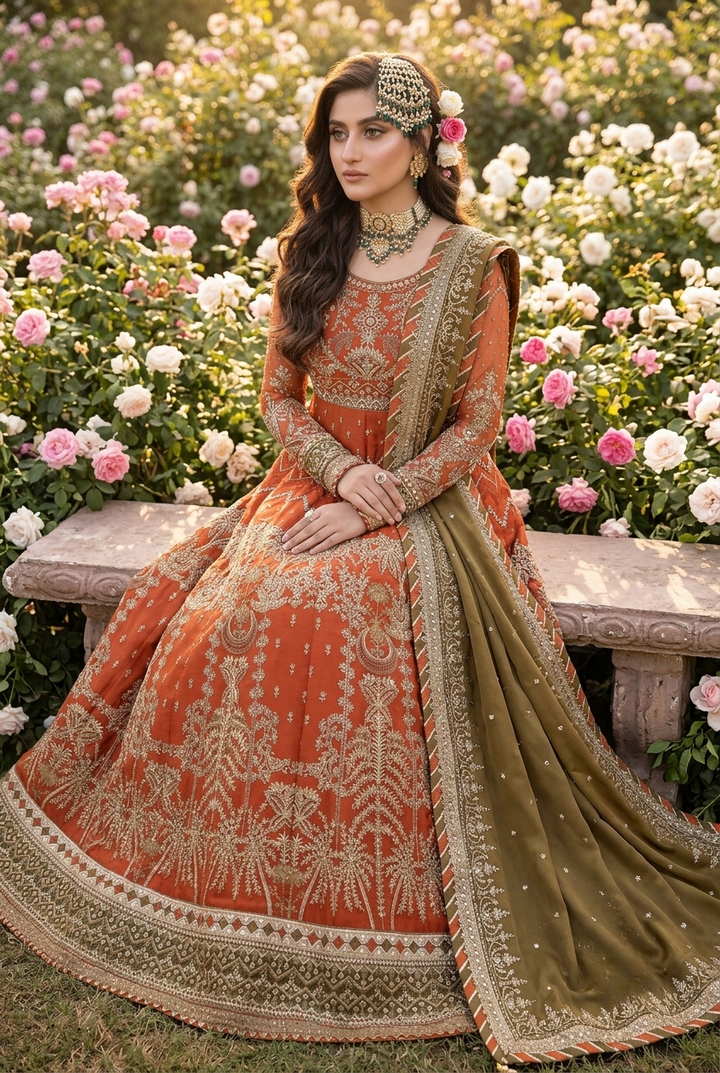 Asim Jofa Inspired Rust Orange Heavy Embroidered 3-Piece Unstitched Bridal Suit | Olive Green Dupatta | Antique Gold Zardozi | Wedding Collection