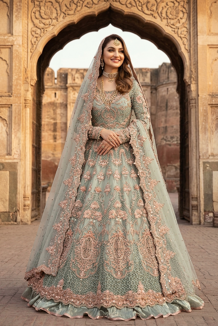 Maria.B Inspired Sage Green Heavy Embroidered 3-Piece Unstitched Bridal Suit | Rose Gold Zardozi Net Fabric | Wedding Collection