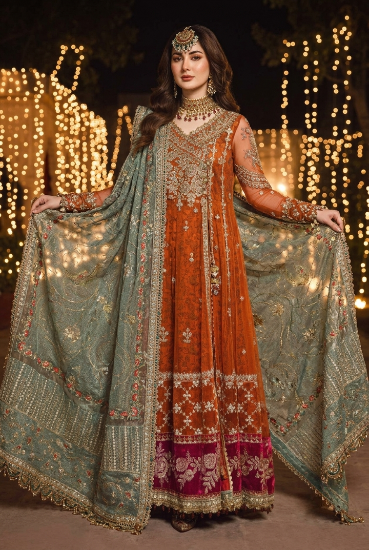 Maria.B Inspired Rust Orange Heavy Embroidered 3-Piece Unstitched Bridal Suit | Teal Dupatta | Magenta Velvet Border | Wedding Collection