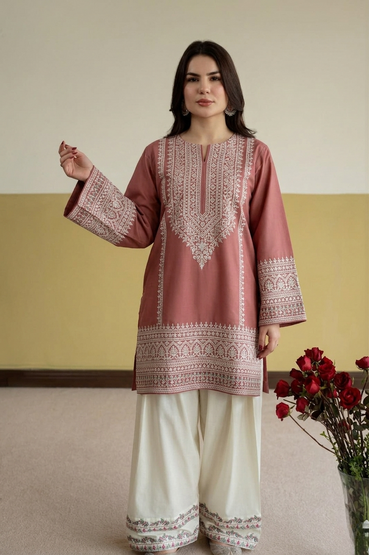 "Deep Red Full Embroidered Unstitched 2-piece Lawn Suit | Shirt + Sleeves + Trouser Fabric|Asim Jofa Inspired"
