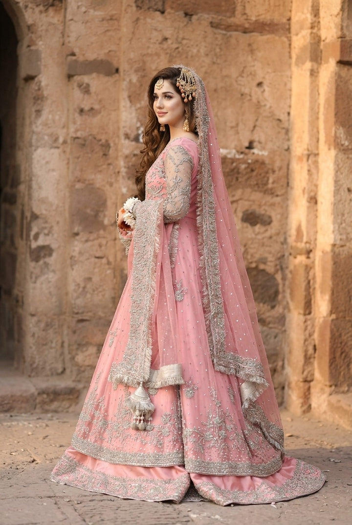 Kashee's Inspired Rose Pink Heavy Embroidered 3-Piece Unstitched Bridal Suit | Silver Zardozi Net Fabric | Wedding Collection