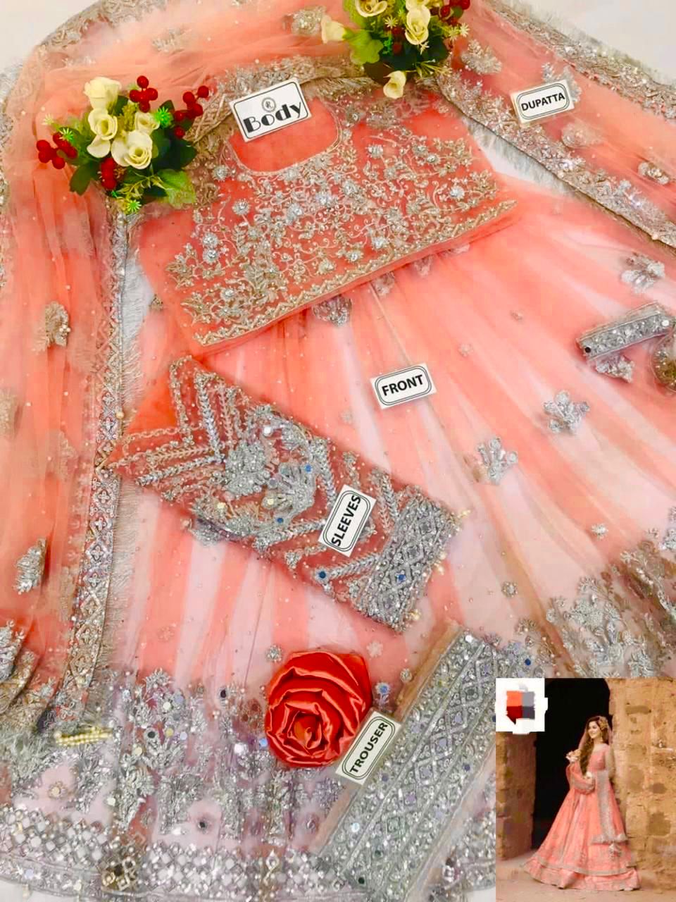Kashee's Inspired Peach Heavy Embroidered 3-Piece Unstitched Bridal Suit | Silver Zardozi Net Fabric | Wedding Collection