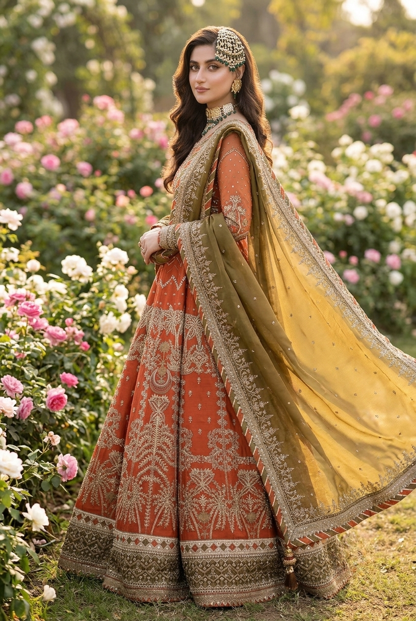 Asim Jofa Inspired Rust Orange Heavy Embroidered 3-Piece Unstitched Bridal Suit | Olive Green Dupatta | Antique Gold Zardozi | Wedding Collection