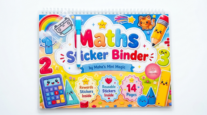 Maths Sticker Binder by Maha's Mini Magic — 14 Pages, Reusable & Reward Stickers | Kids Math Activity Book with Marker