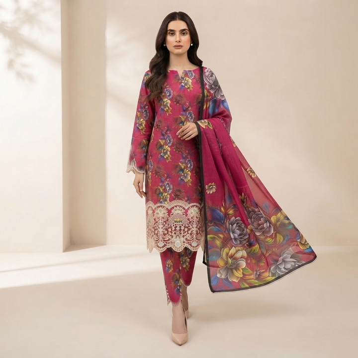Bin Saeed Printed 3 Piece Unstitched Lawn Suit for Women