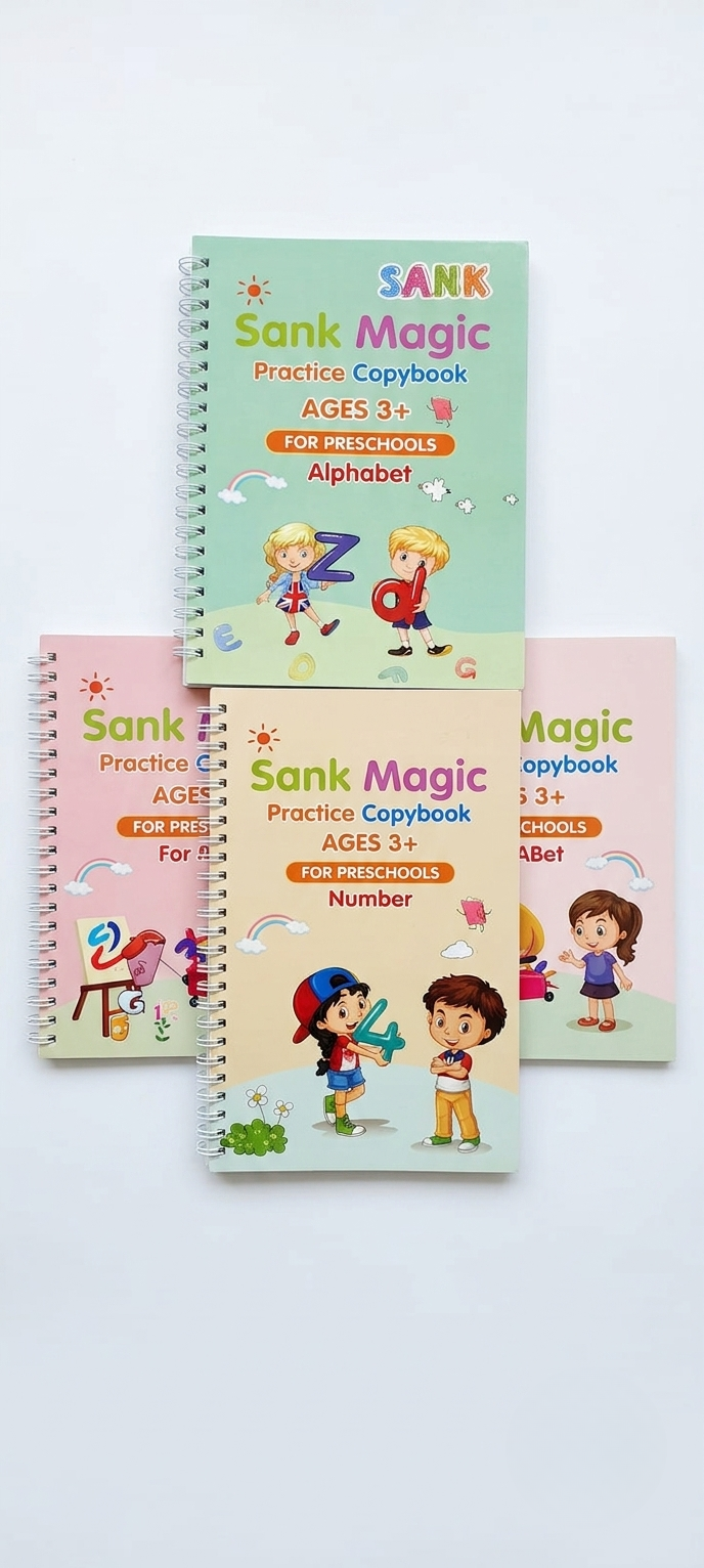 Sank Magic Practice Copybook Set for Kids – 4 Books with Pen & Refills (Reusable Handwriting Workbooks)