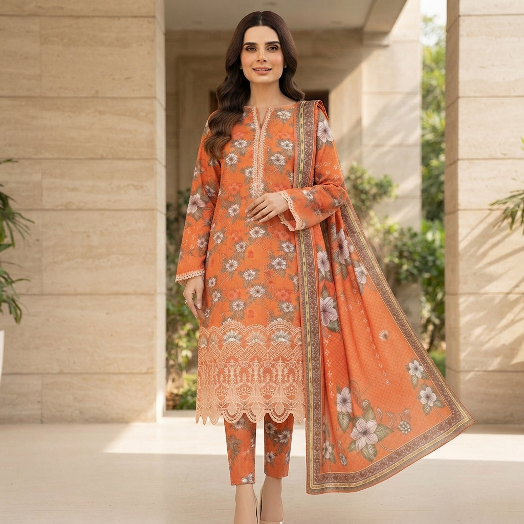 Bin Saeed Printed 3 Piece Unstitched Lawn Suit for Women